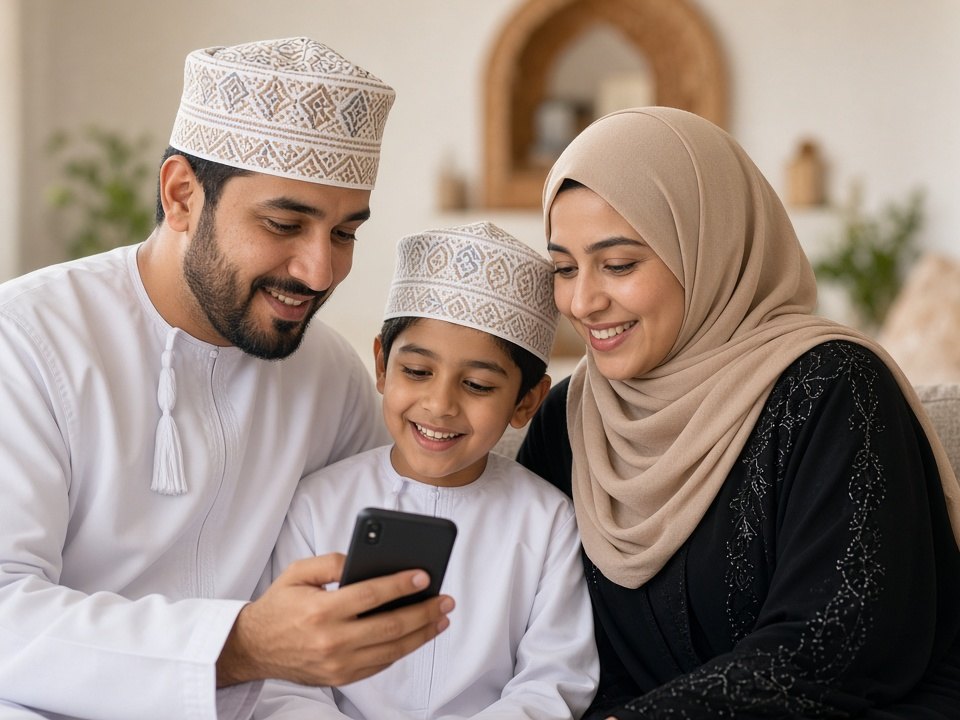 عائلة عُمانية: أب بالدشداشة والكمة وأم بالعباءة والحجاب وابنهما ينظرون مبتسمين إلى هاتف