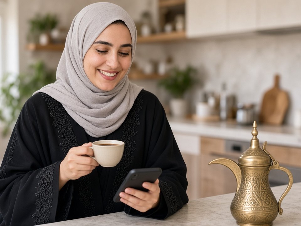 سيدة عُمانية بالعباءة والحجاب تستخدم هاتفها بجوار دلّة قهوة